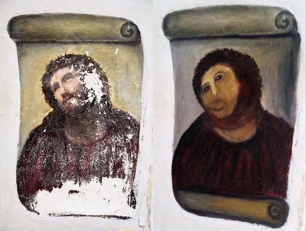 Original and very badly restored version of Ecce Homo by Elías García Martínez